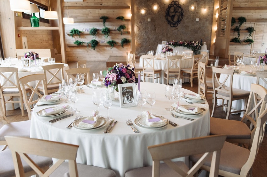 Round banquet tables in the restaurant hall