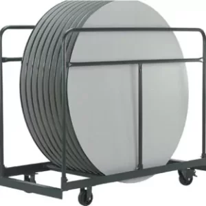 Metal trolley for transporting round catering tables