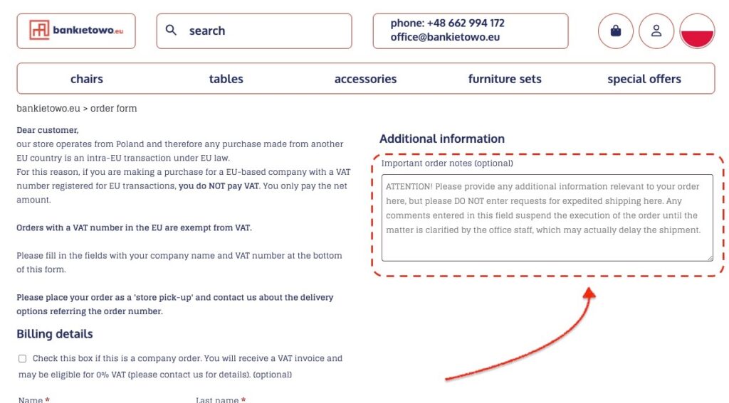 International Delivery & Payment Terms | Bankietowo.eu WooCommerce order comment box location| comment-box