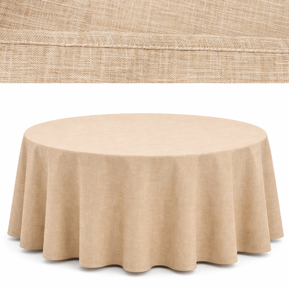 Beige “Boho” linen-effect tablecloth, 320cm diameter, for a banquet table | Bankietowo.eu | obrus-imitacja-lnu-2jpg