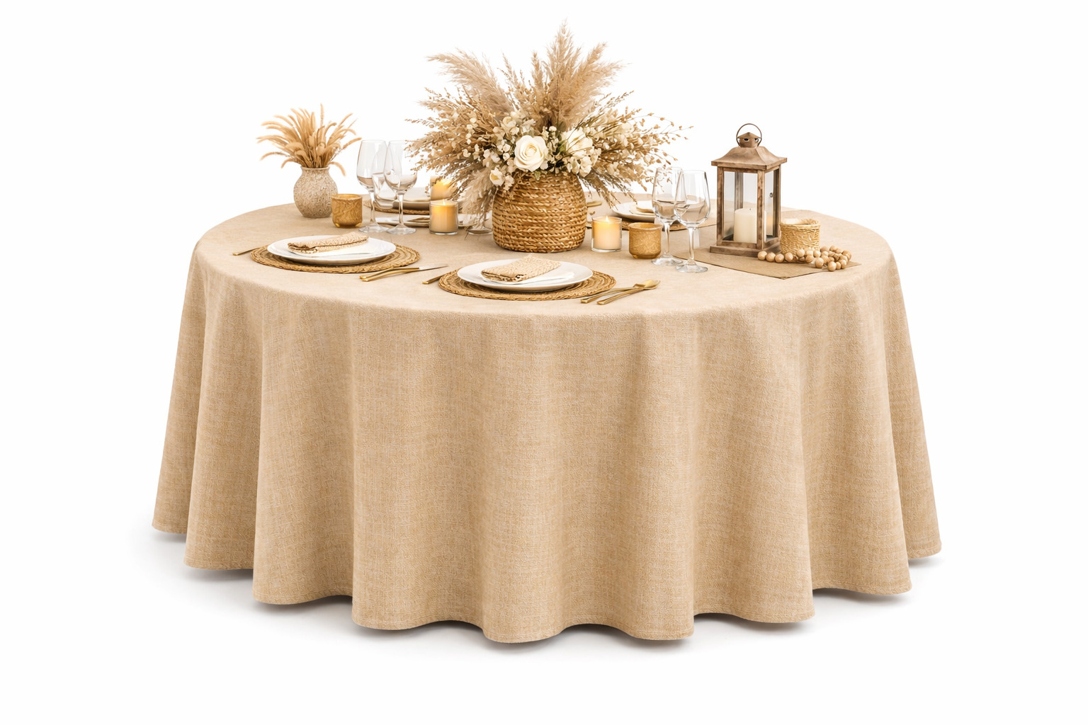 Beige “Boho” linen-effect tablecloth, 320cm diameter, for a banquet table | Bankietowo.eu | obrus-okragly-boho-2jpg